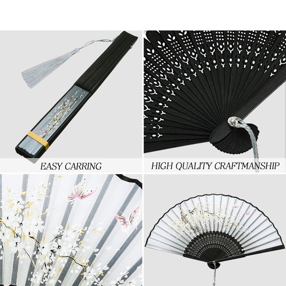 Bamboo Silk Black White Decorated Hand Fan - Picture 2 of 5
